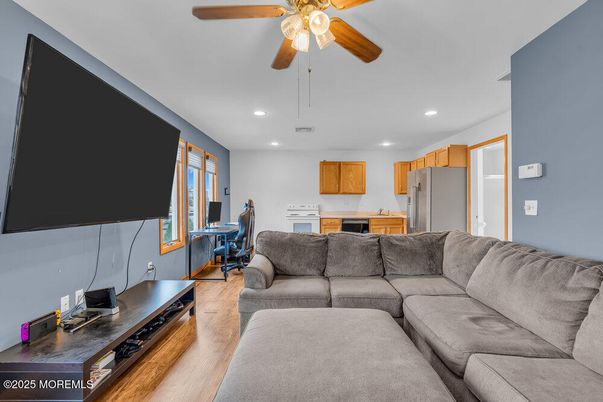Dining room, Interior, Kitchen, Living room, Recessed Lighting, Wood Texture Flooring