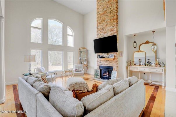 Fireplace, Interior, Living room, Pendant Lights, Stone Walls, Wood Texture Flooring