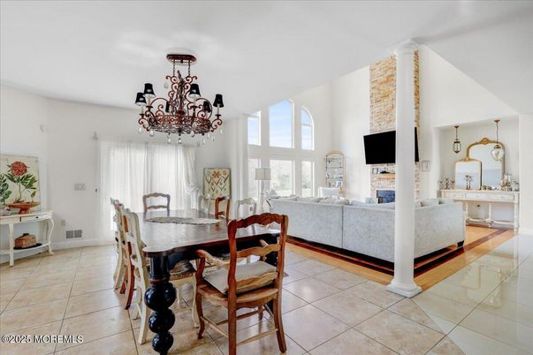 Chandelier, Dining room, Fireplace, Interior, Living room