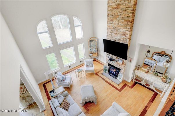 Fireplace, Interior, Living room, Stone Walls, Wood Texture Flooring