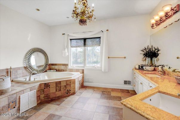 Bathroom, Chandelier, Dual Sink Vanities, Interior, Recessed Lighting