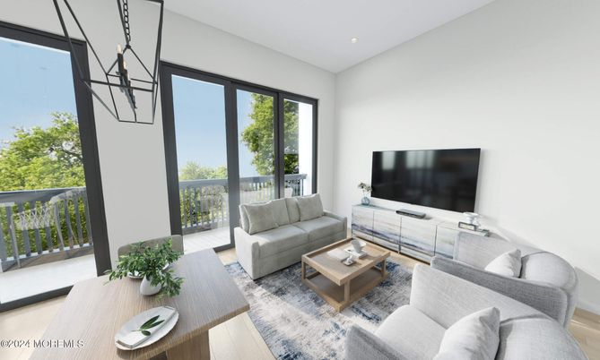 Interior, Living room, Pendant Lights, Recessed Lighting, Wood Texture Flooring
