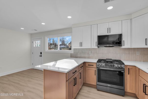 Interior, Kitchen, Recessed Lighting, Stainless Steel Appliances, Wood Texture Flooring