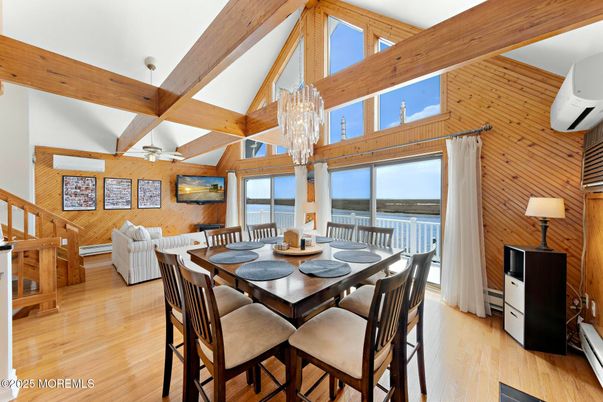 Chandelier, Dining room, Interior, Wooden Beams, Wood Texture Flooring, Wooden Walls