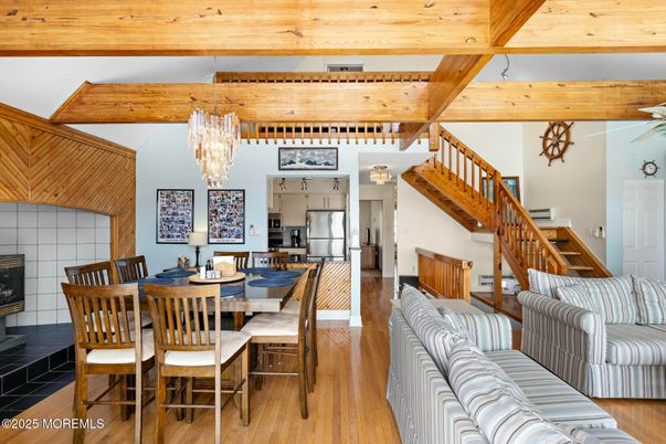 Chandelier, Dining room, Interior, Kitchen, Wooden Beams, Wooden Ceilings, Wood Texture Flooring