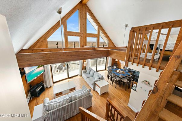Dining room, Interior, Living room, Pendant Lights, Wooden Beams, Wood Texture Flooring