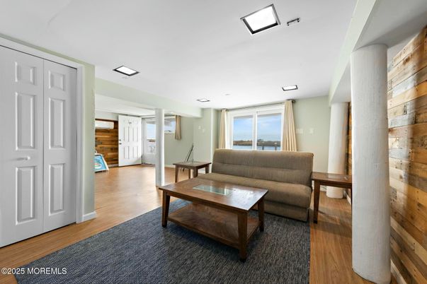 Interior, Living room, Recessed Lighting, Wood Texture Flooring, Wooden Walls