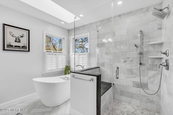 Bathroom, Free Standing Baths, Glass Shower, Interior, Marble Walls, Recessed Lighting