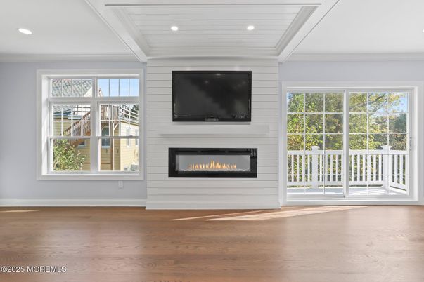 Empty room, Fireplace, Interior, Recessed Lighting, Wood Texture Flooring