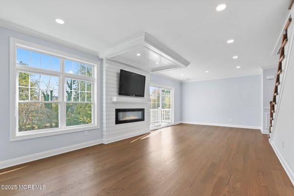 Empty room, Fireplace, Interior, Recessed Lighting, Wood Texture Flooring