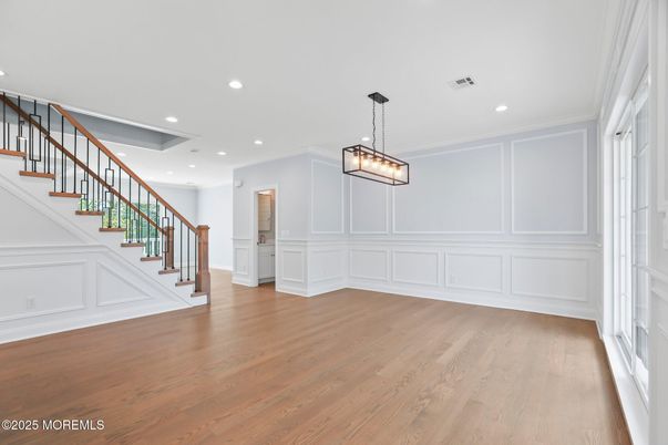Empty room, Interior, Pendant Lights, Recessed Lighting, Wood Texture Flooring