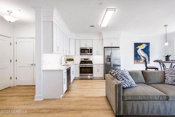 Interior, Kitchen, Pendant Lights, Stainless Steel Appliances, Wood Texture Flooring