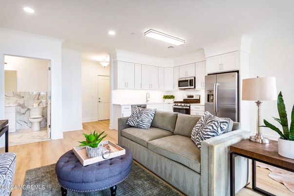 Interior, Kitchen, Living room, Recessed Lighting, Stainless Steel Appliances, Wood Texture Flooring