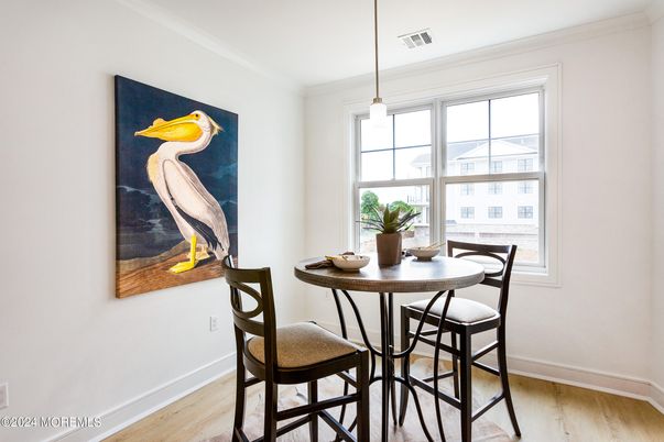 Dining room, Interior, Pendant Lights, Wood Texture Flooring