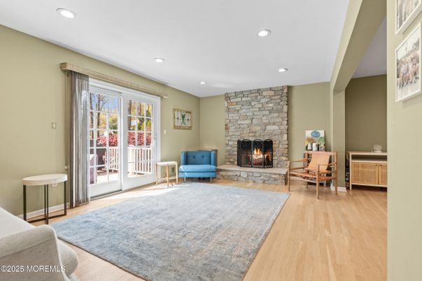 Fireplace, Interior, Recessed Lighting, Stone Walls, Wood Texture Flooring