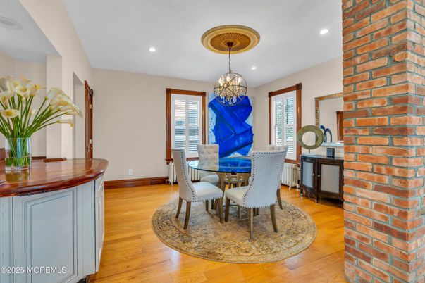 Chandelier, Dining room, Interior, Recessed Lighting, Stone Walls, Wood Texture Flooring