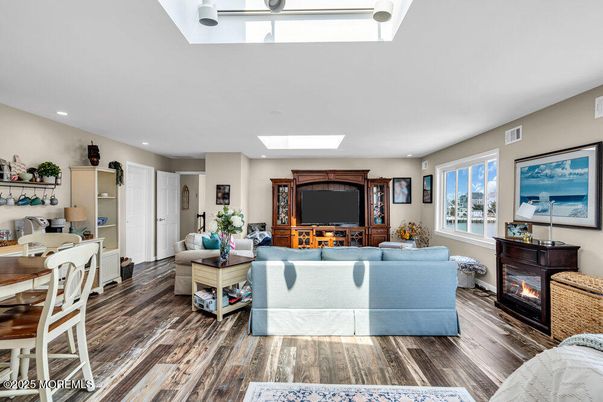 Fireplace, Interior, Living room, Recessed Lighting, Wood Texture Flooring