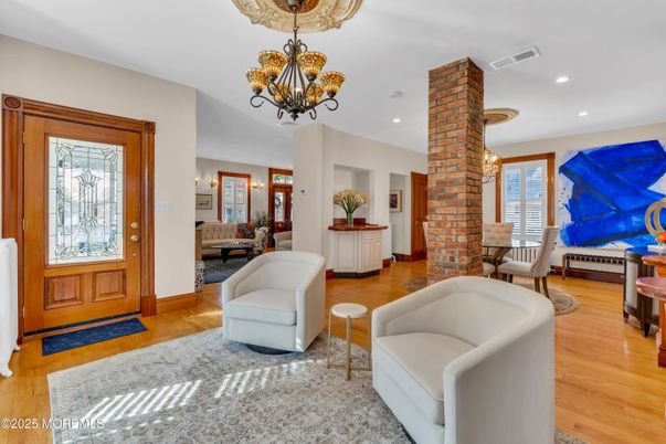 Chandelier, Interior, Living room, Recessed Lighting, Wood Texture Flooring