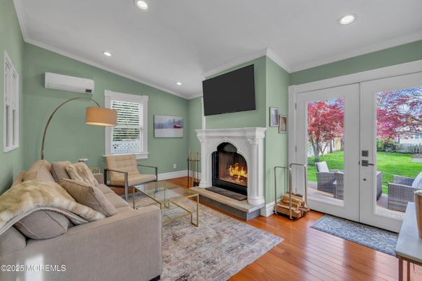 Fireplace, Interior, Living room, Recessed Lighting, Wood Texture Flooring