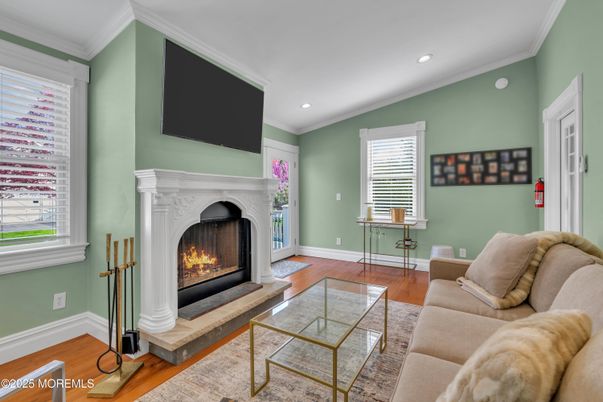 Fireplace, Interior, Living room, Recessed Lighting, Wood Texture Flooring