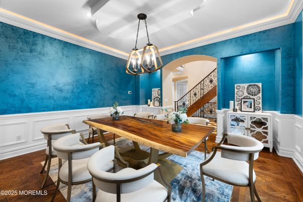 Dining room, Interior, Pendant Lights, Wood Texture Flooring