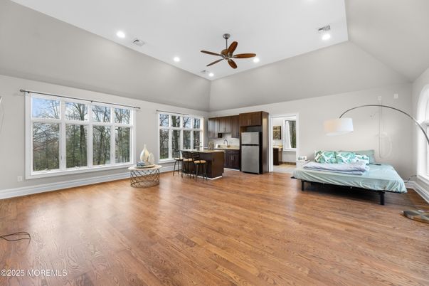 Dining room, Interior, Kitchen, Recessed Lighting, Stainless Steel Appliances, Wood Texture Flooring