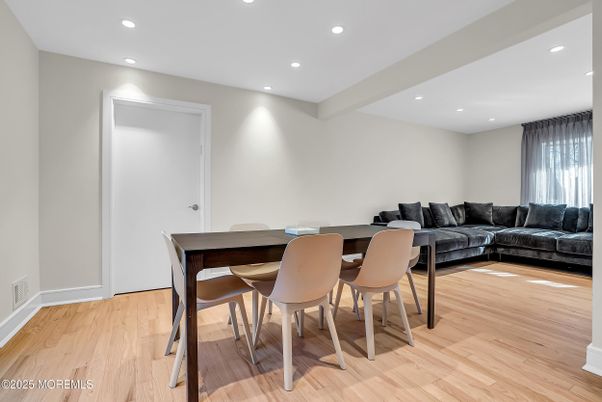 Dining room, Interior, Living room, Recessed Lighting, Wood Texture Flooring