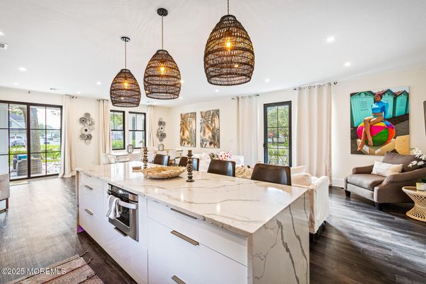 Interior, Kitchen, Pendant Lights, Recessed Lighting, Wood Texture Flooring