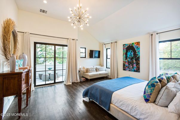 Bedroom, Interior, Pendant Lights, Recessed Lighting, Wood Texture Flooring