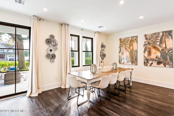 Dining room, Interior, Recessed Lighting, Wood Texture Flooring
