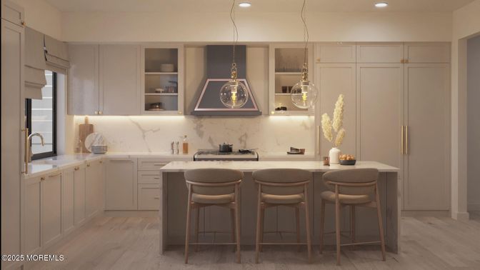 Interior, Kitchen, Marble Walls, Pendant Lights, Recessed Lighting, Wood Texture Flooring