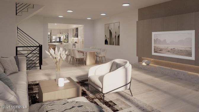 Dining room, Interior, Living room, Pendant Lights, Recessed Lighting, Wood Texture Flooring