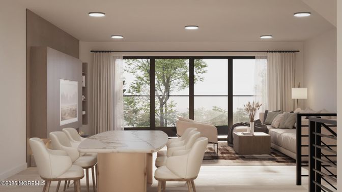Dining room, Interior, Living room, Recessed Lighting, Wood Texture Flooring