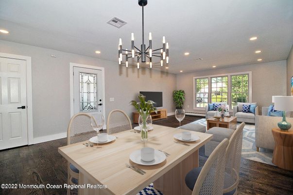 Dining room, Interior, Kitchen, Living room, Pendant Lights, Recessed Lighting, Wood Texture Flooring