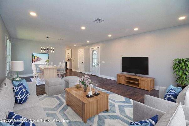 Dining room, Interior, Living room, Pendant Lights, Recessed Lighting, Wood Texture Flooring