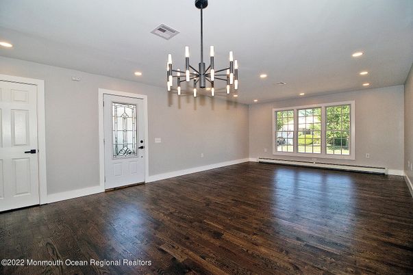 Empty room, Interior, Pendant Lights, Recessed Lighting, Wood Texture Flooring
