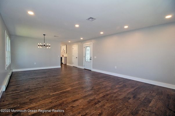 Empty room, Interior, Pendant Lights, Recessed Lighting, Wood Texture Flooring