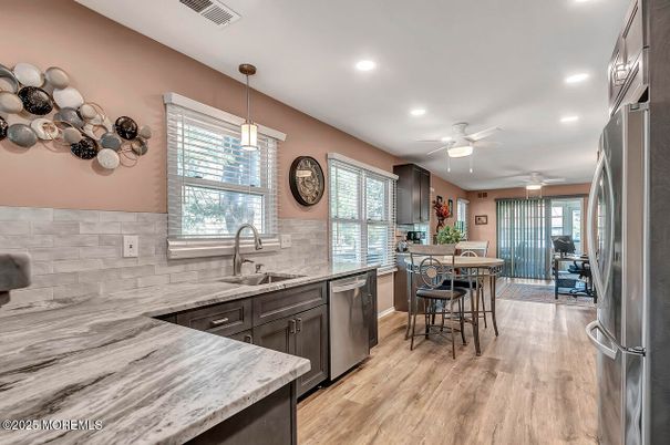 Interior, Kitchen, Pendant Lights, Recessed Lighting, Wood Texture Flooring