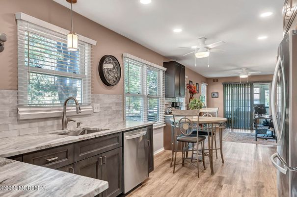 Interior, Kitchen, Pendant Lights, Recessed Lighting, Wood Texture Flooring