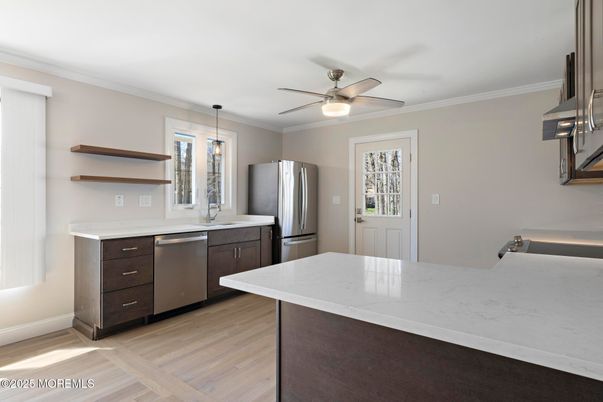 Interior, Kitchen, Pendant Lights, Stainless Steel Appliances, Wood Texture Flooring