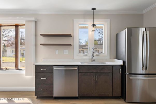 Interior, Kitchen, Pendant Lights, Stainless Steel Appliances, Wood Texture Flooring
