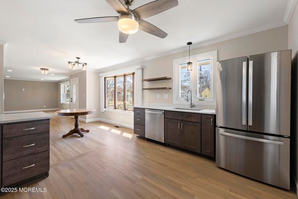 Interior, Kitchen, Pendant Lights, Stainless Steel Appliances, Wood Texture Flooring