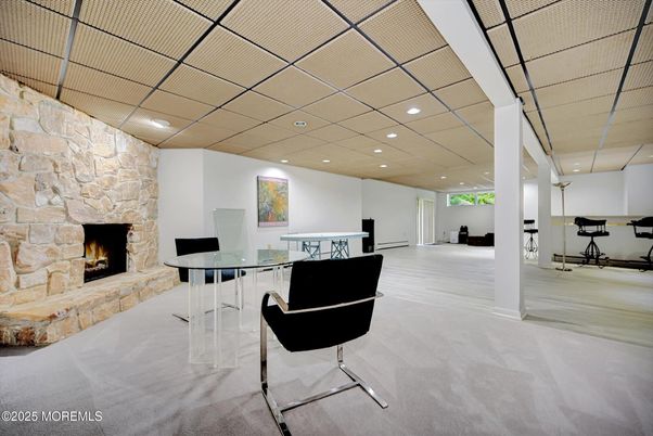 Fireplace, Interior, Recessed Lighting, Stone Walls