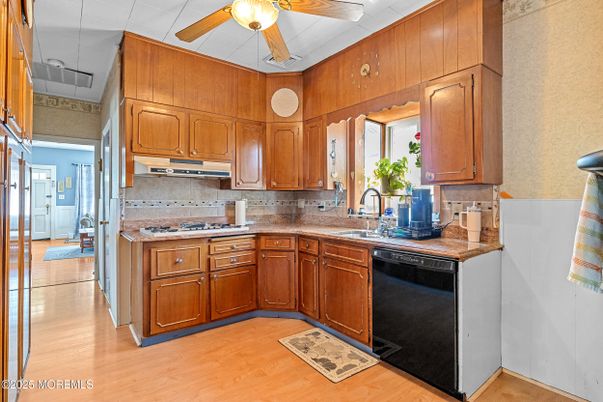 Interior, Kitchen, Tile Countertops, Wood Texture Flooring