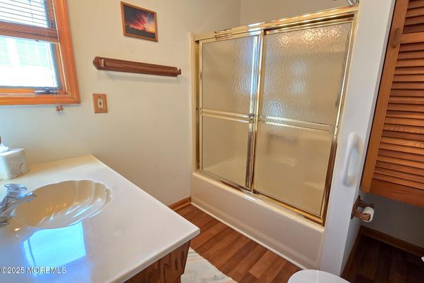 Bathroom, Glass Shower, Interior, Wood Texture Flooring