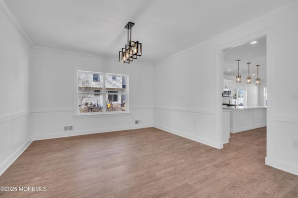 Empty room, Interior, Kitchen, Pendant Lights, Recessed Lighting, Wood Texture Flooring