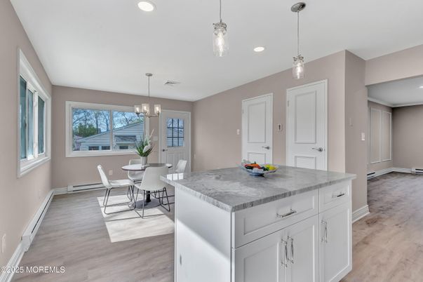 Dining room, Interior, Kitchen, Pendant Lights, Recessed Lighting, Wood Texture Flooring