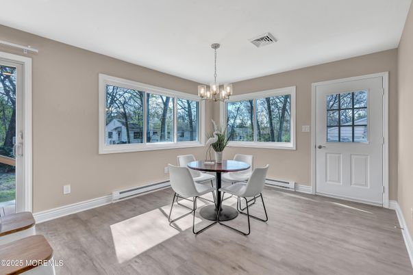 Dining room, Interior, Pendant Lights, Wood Texture Flooring