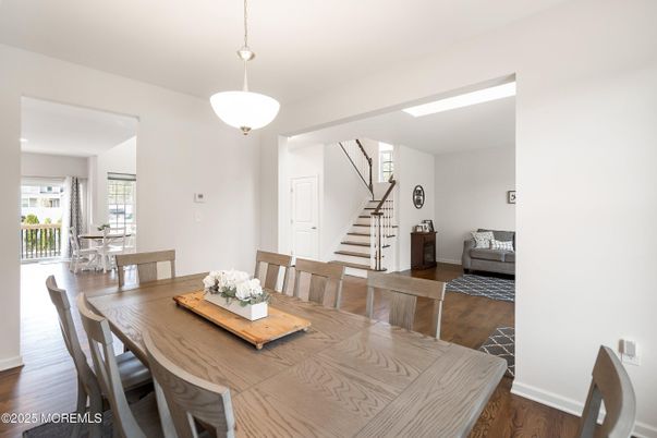 Dining room, Interior, Pendant Lights, Wood Texture Flooring