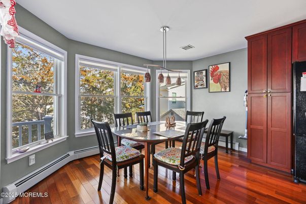 Dining room, Interior, Pendant Lights, Wood Texture Flooring